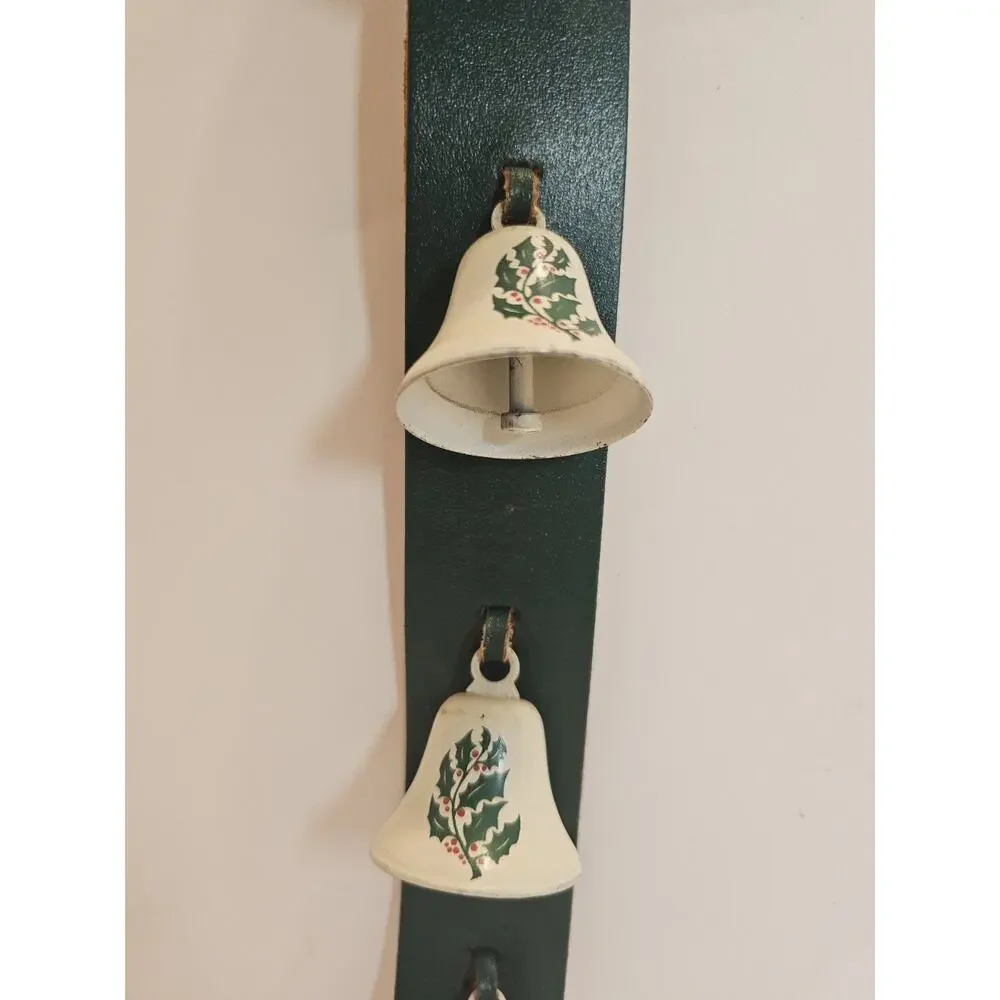 Vintage Christmas Bells On Leather Strap Door Hanger Holly LOUD Bells Holiday